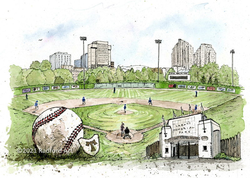 illustration of Labatt Ball Park with downtown London in background and historical elements in foreground.