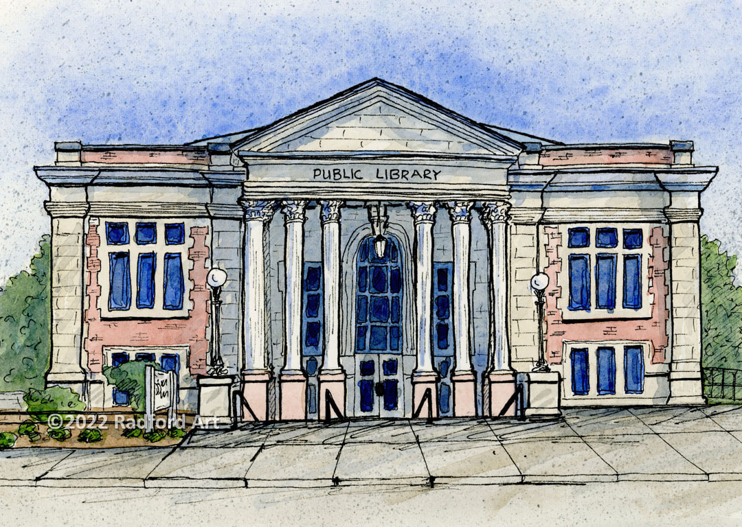 An ink and watercolour illustration of the Woodstock Public Library.