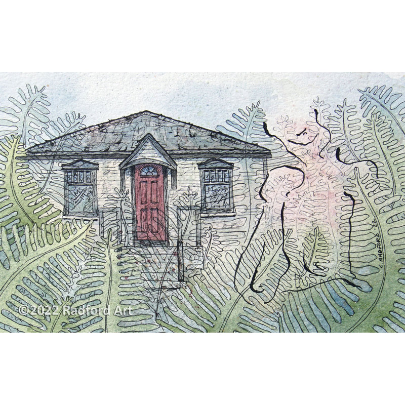 Ink and watercolour illustration of cottage style home in London ON with female form