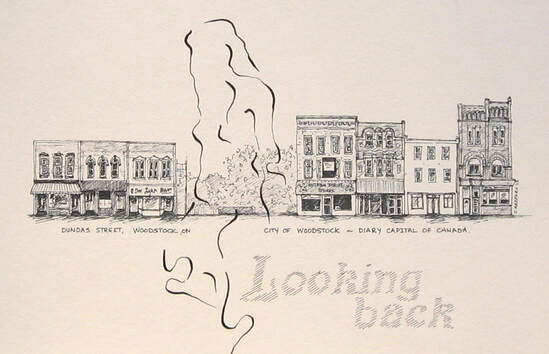 India ink and ink illustration of Woodstock streetscape completed in 2012.