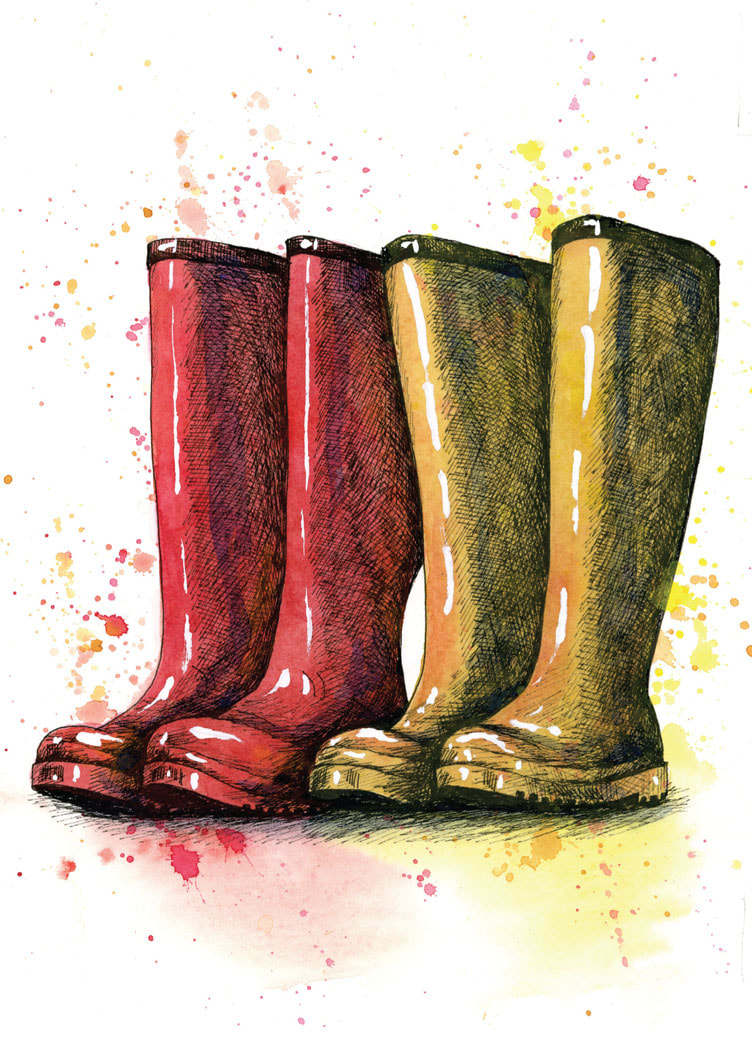 Greeting Card blank inside showing rain boots, one red pair and one yellow pair.