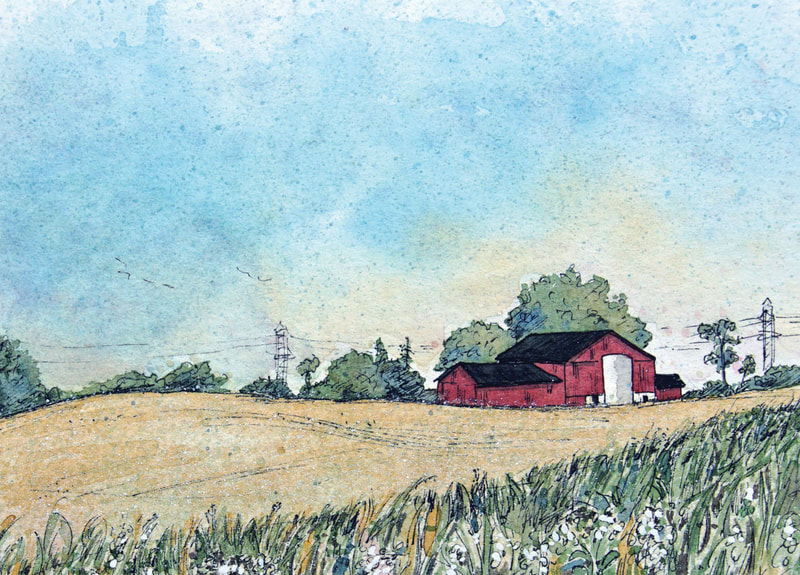 Greeting card featuring a farm scene with red barn