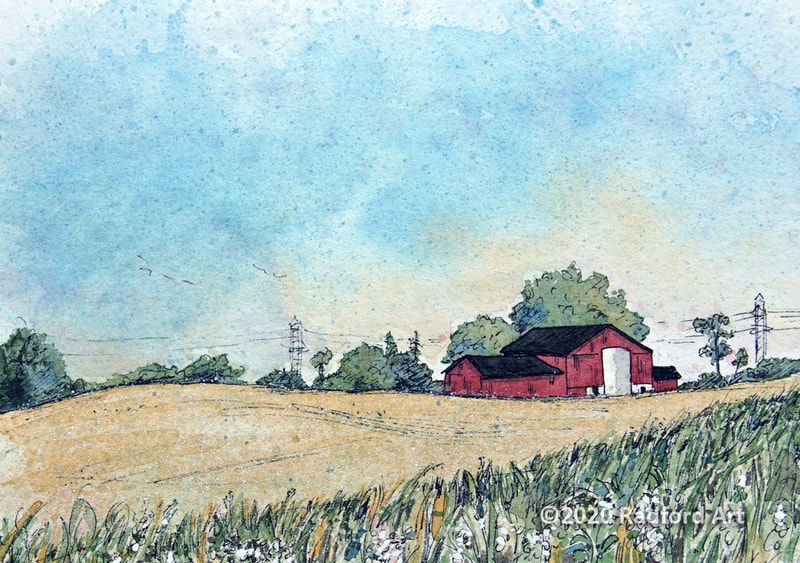 An ink and watercolour illustration of a red barn by London ON artist Cheryl Radford.