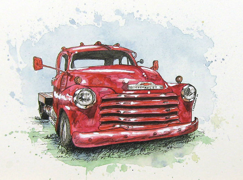 Ink and watercolour illustration of a old red Chevy truck