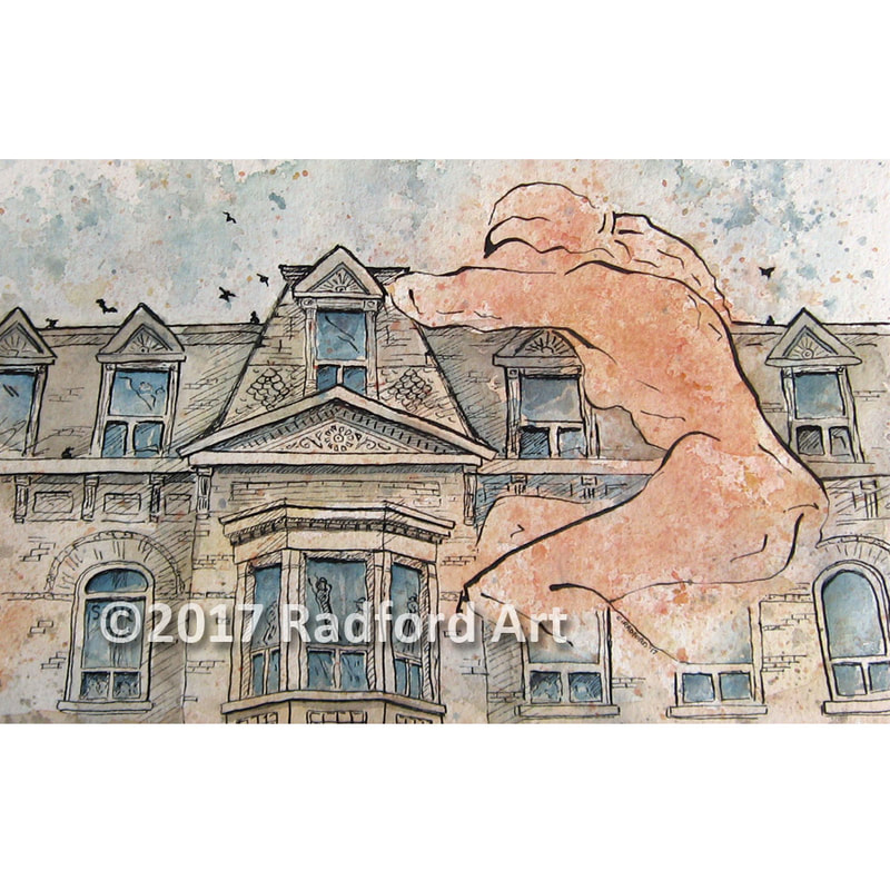 Ink and watercolour illustration of the King Street Hotel in London ON, with female figure