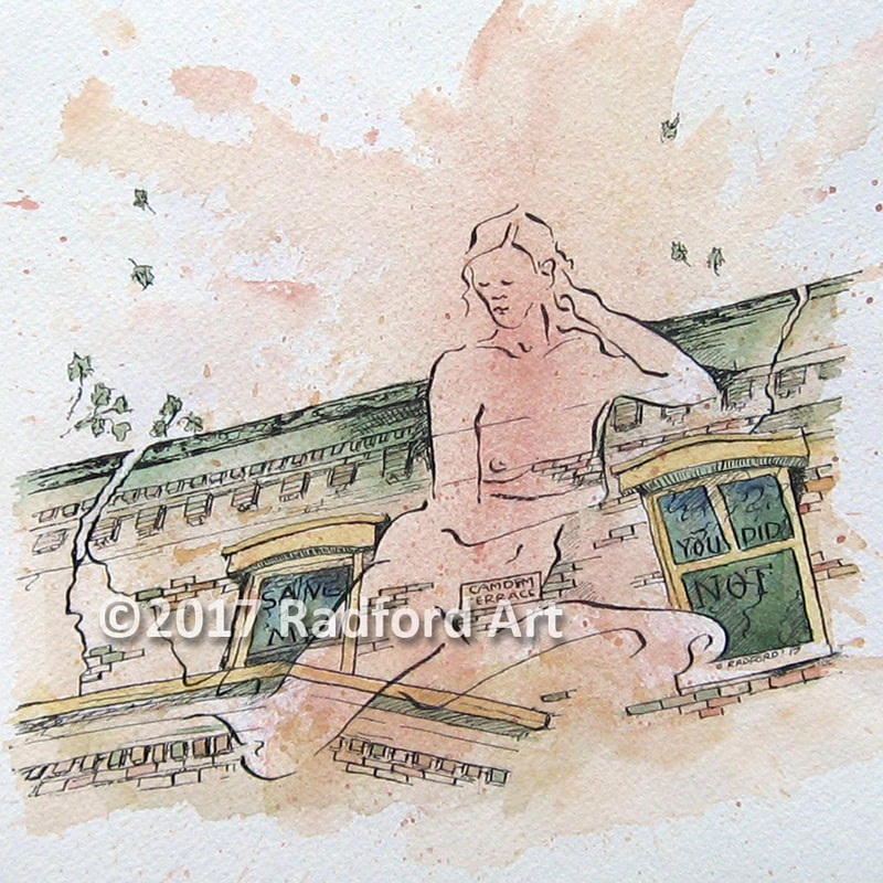 Ink and watercolour illustration of Camdem Terrace row homes in London ON, with female figure