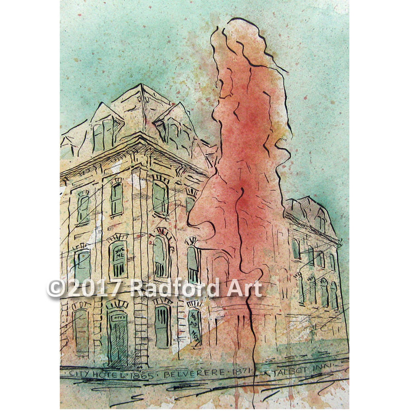 Ink and watercolour illustration of the City Hotel in London ON (demolished), with female figure
