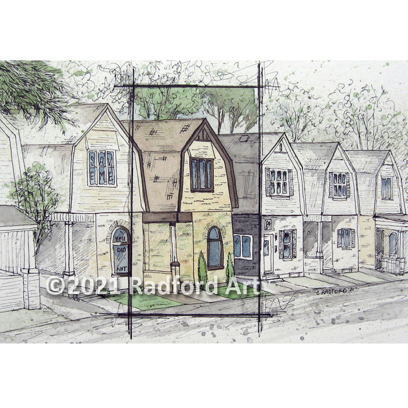 Ink and watercolour illustration of a row of Dutch Colonial homes on Oxford Street in London, ON