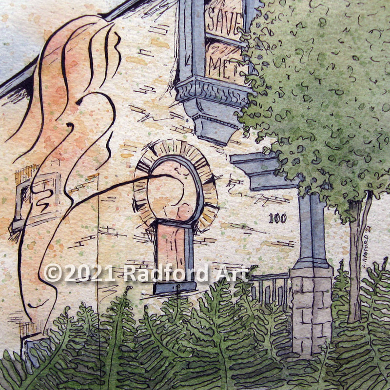 Ink and watercolour illustration of the historic home on the brink of destruction in London ON with female image.
