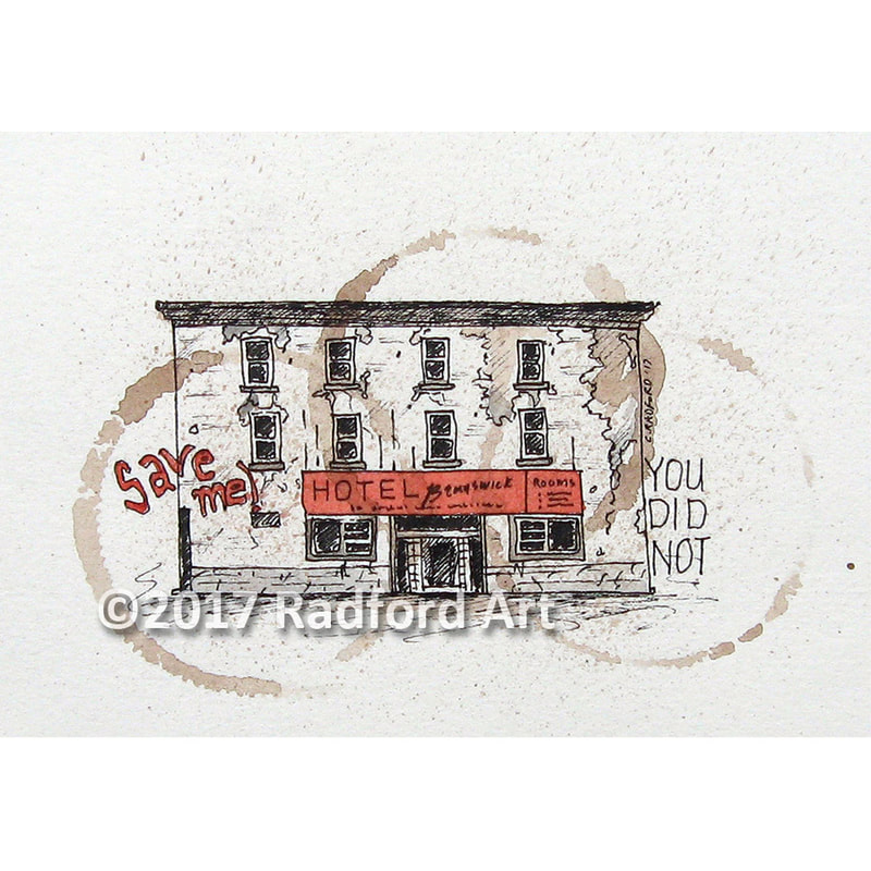 Ink and watercolour illustration of the Brunswick Hotel in London ON (destroyed by fire), with female figure