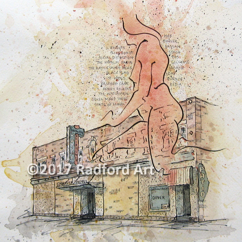 Ink and watercolour illustration of the Embassy Hotel in London ON (destroyed by fire), with female figure