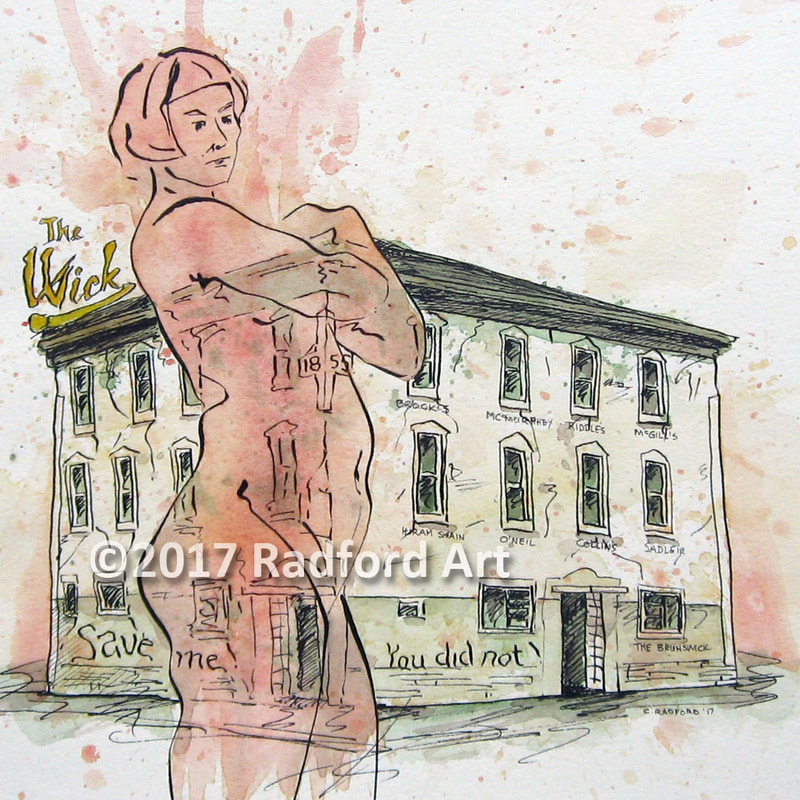 Ink and watercolour illustration of the Wick Hotel in London ON (destroyed by fire), with female figure