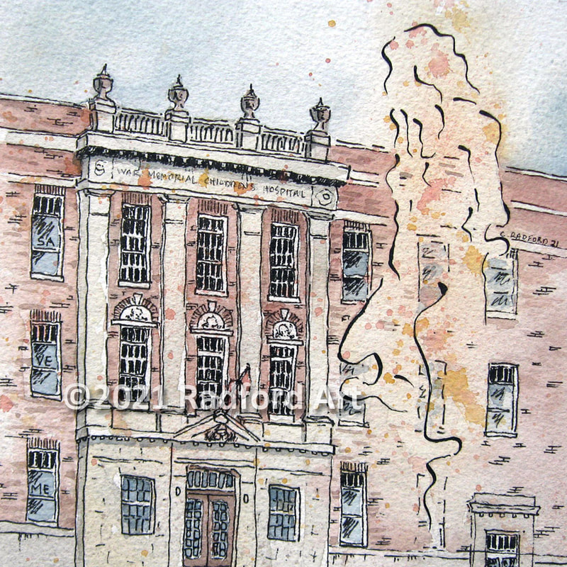 Ink and watercolour illustration of the historic War Memorial Children's Hospital in London ON with female image.