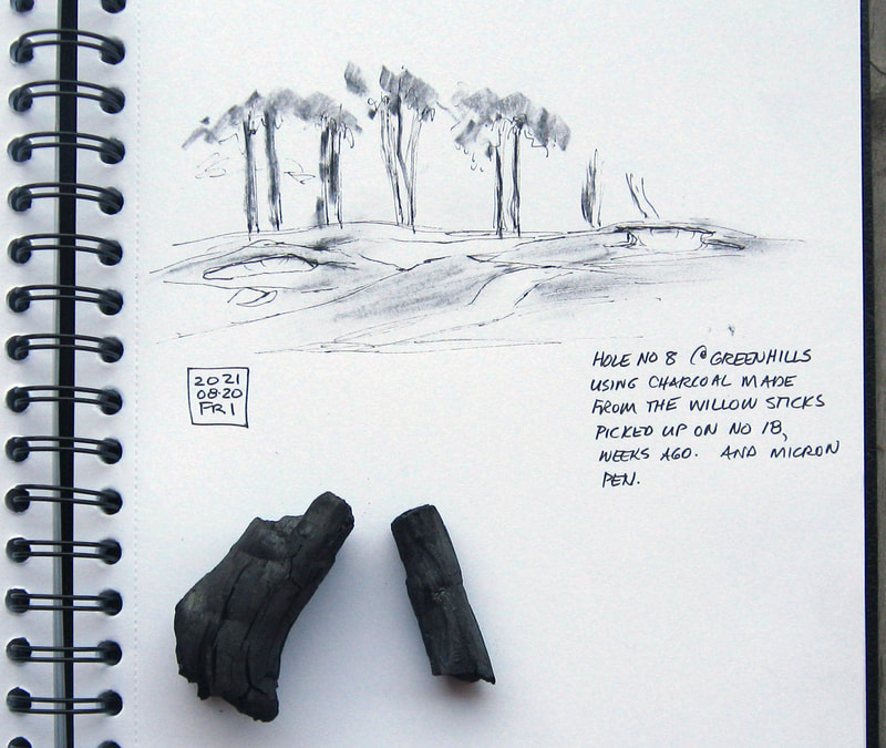 First sketches using the new charcoal from trees on the golf course.