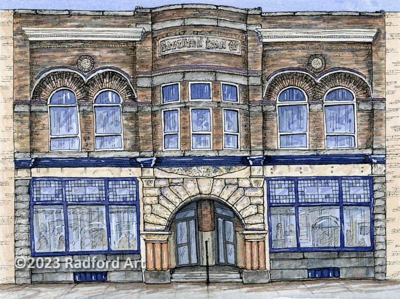 Ink and watercolour illustration of the historic Southern Loan Co in St. Thomas Ontario.