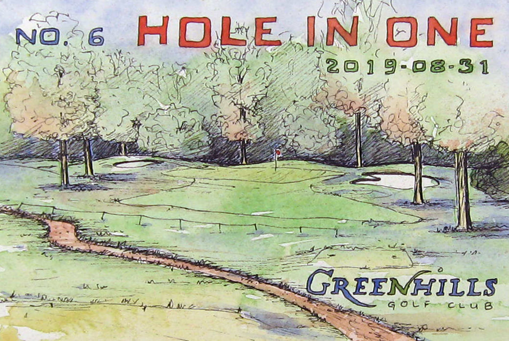 Ink and watercolour illustration of Stu Liddell's hole in one at Greenhills No 6.