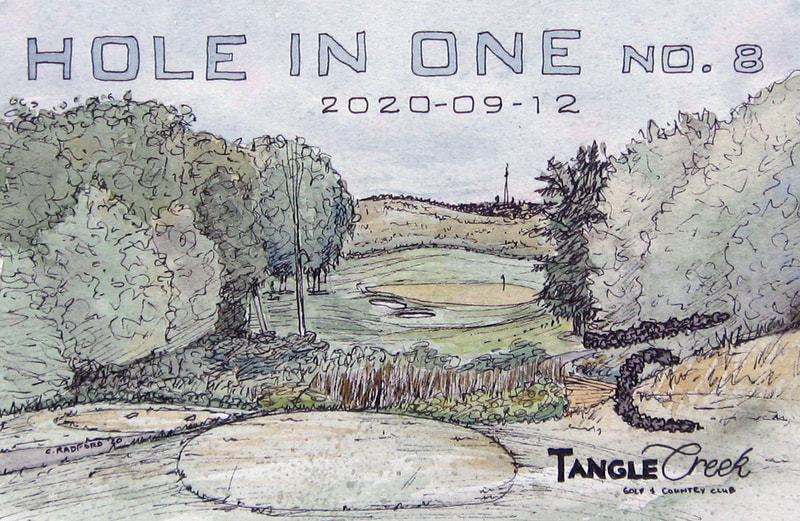 Ink and watercolour illustration of Stu Liddell's hole in one at Tangle Creek No 8.