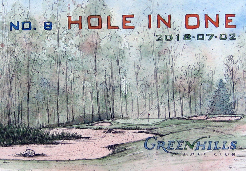 Ink and watercolour illustration of Stu Liddell's hole in one at Greenhills No 8.