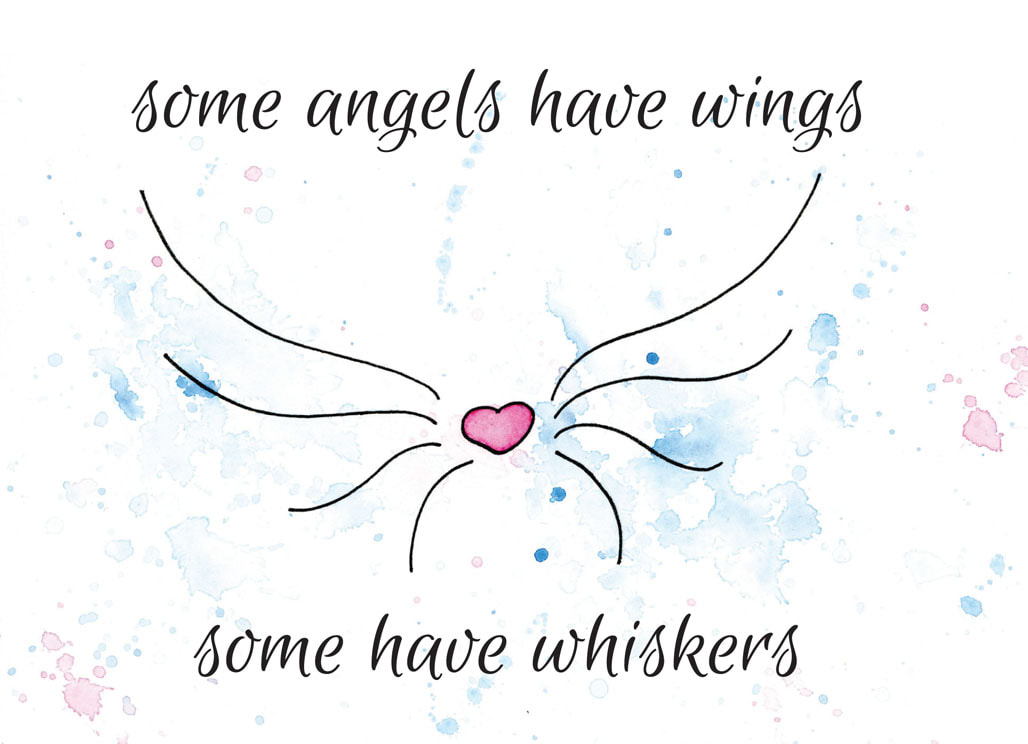 front of greeting card for cat loss "some angels have wings, some have whiskers" with ink heart nose and wings design and watercolour splashes