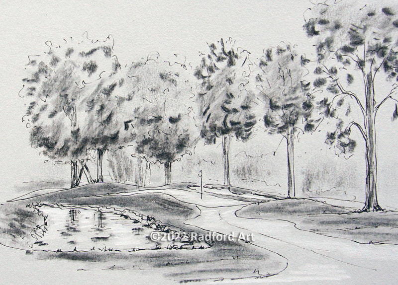 Drawing of Hole No 16 at Greenhills Golf Course, using handmade charcoal made from sticks picked up on 18th hole.