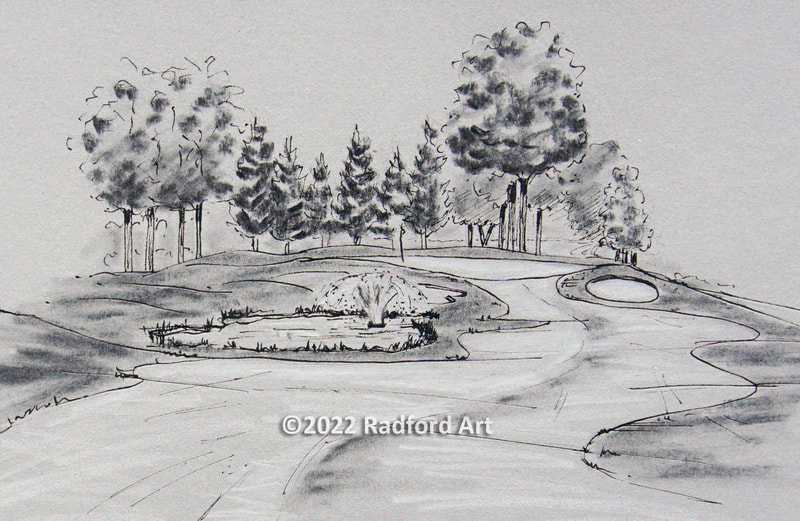 Drawing of Hole No 18 at Greenhills Golf Course, using handmade charcoal made from sticks picked up on 18th hole.