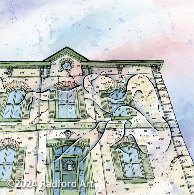 A illustration of a beautiful old yellow brick home in downtown London by artist Cheryl Radford
