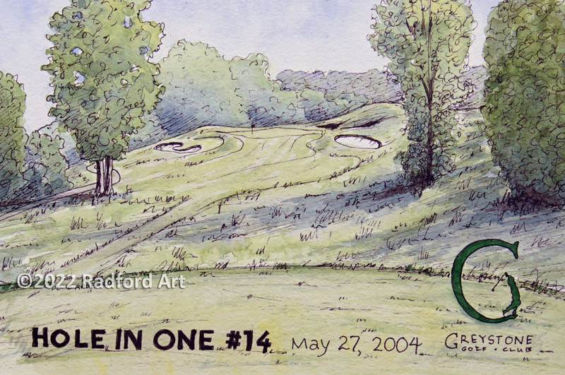 Ink and watercolour illustration of Troy Kirkpatrick's hole in one at Clublinks - Greystone #14.