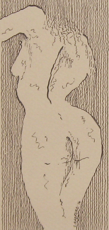 Stylized female form with background of graphic lines
