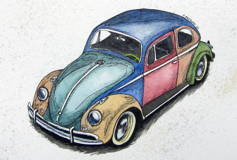 Colourful illustration of a multi-coloured VW bug