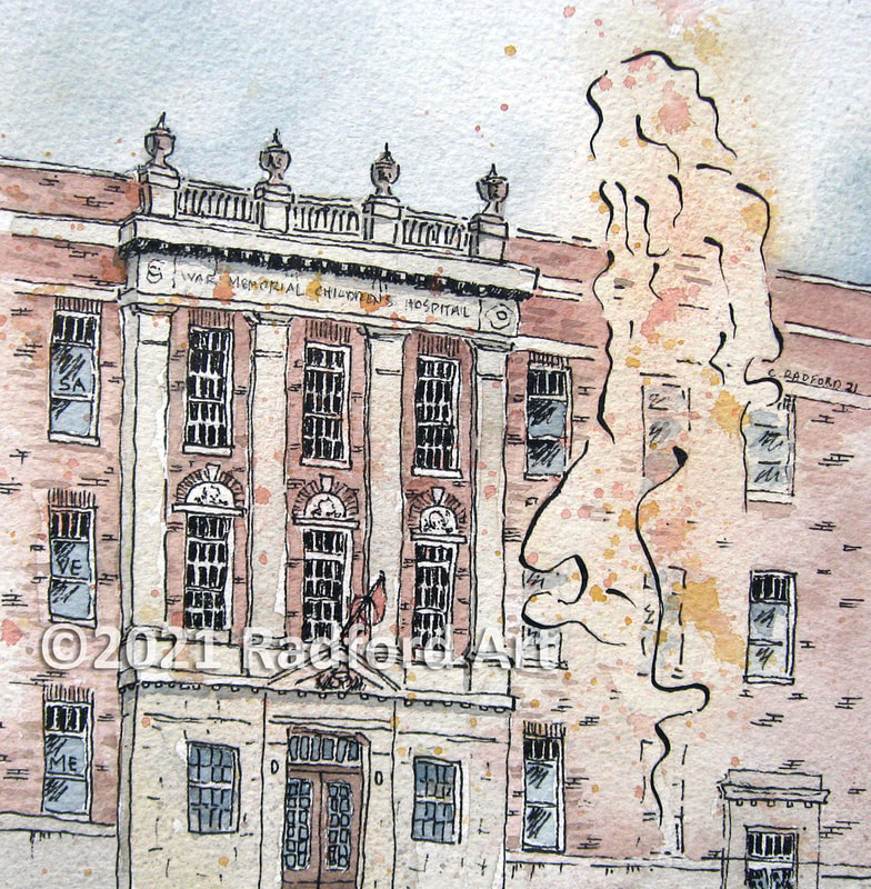 An ink and watercolour illustration of War Memorial Childrens Hospital with figure, by London ON artist Cheryl Radford.