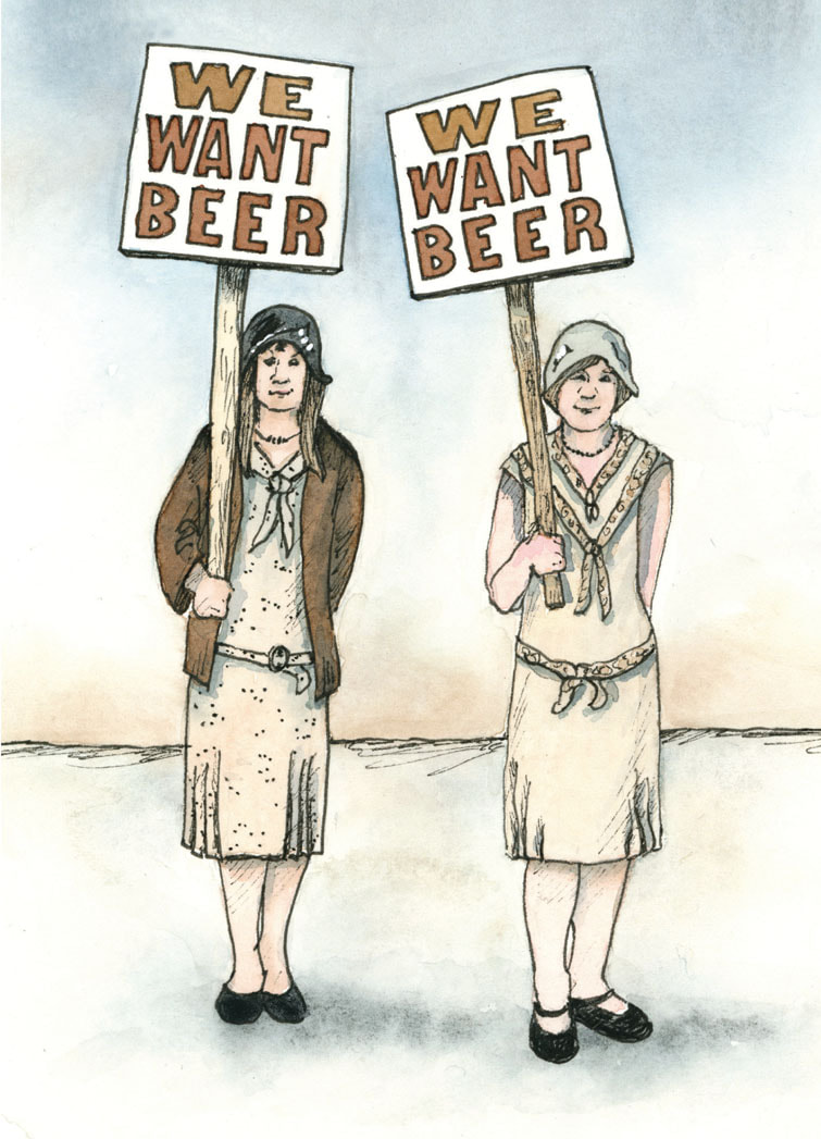 Greeting Card based on illustration from the book Brewhopping across London, 1920 gals holding signs