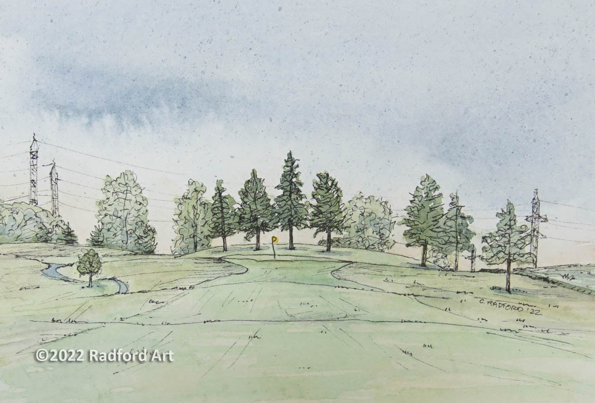 Ink and watercolour Illustration of hole no 1 at Westminster Trails Golf Club.