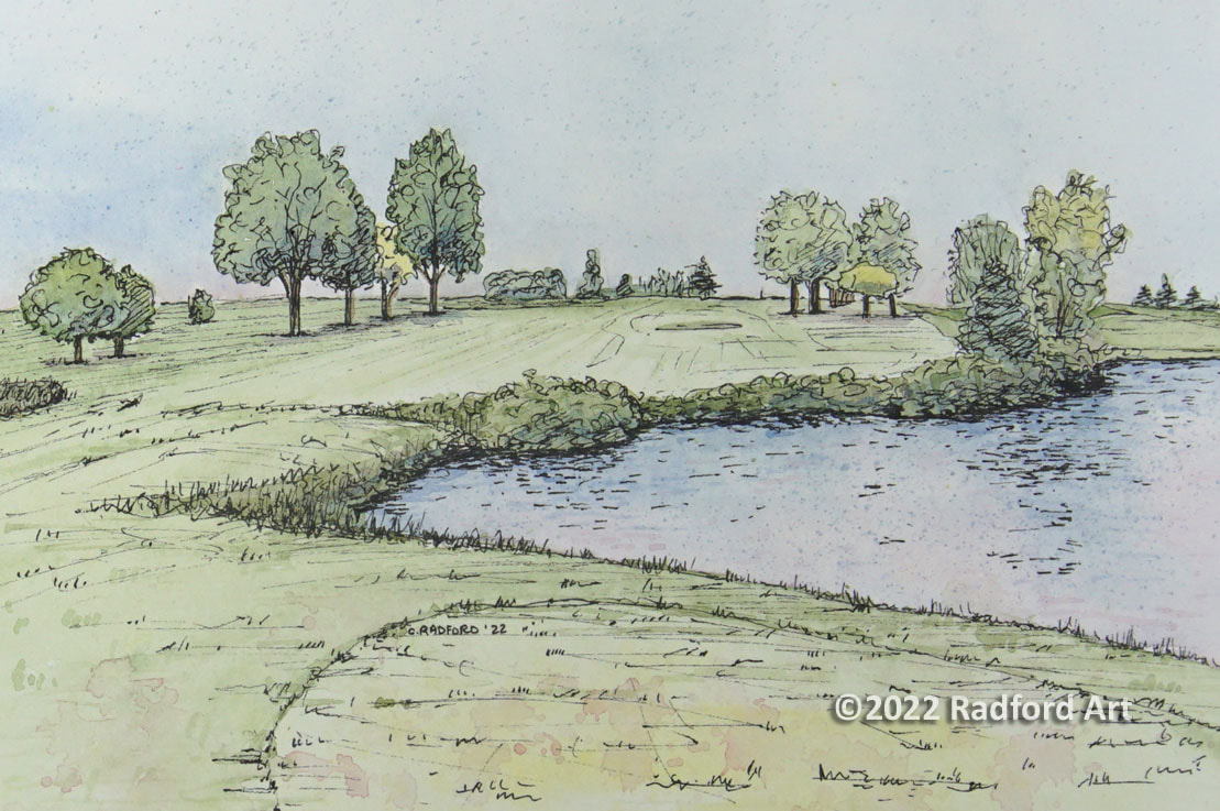 Ink and watercolour Illustration of hole no 10 at Westminster Trails Golf Club.