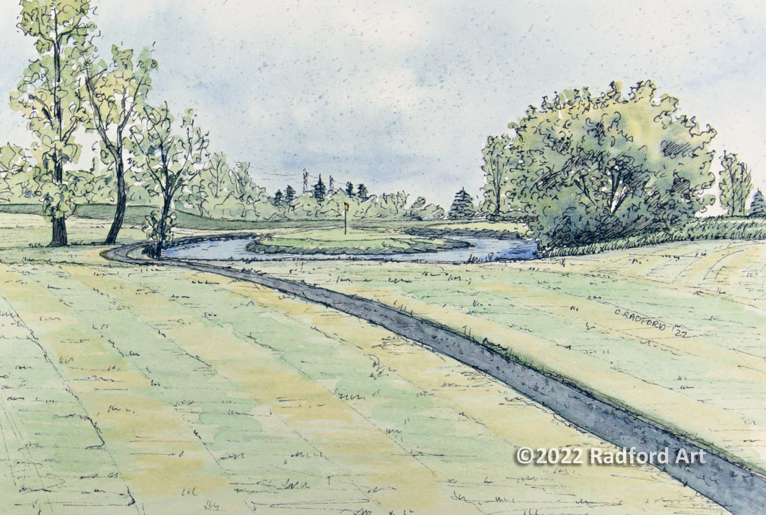 Ink and watercolour Illustration of hole no 2 at Westminster Trails Golf Club.