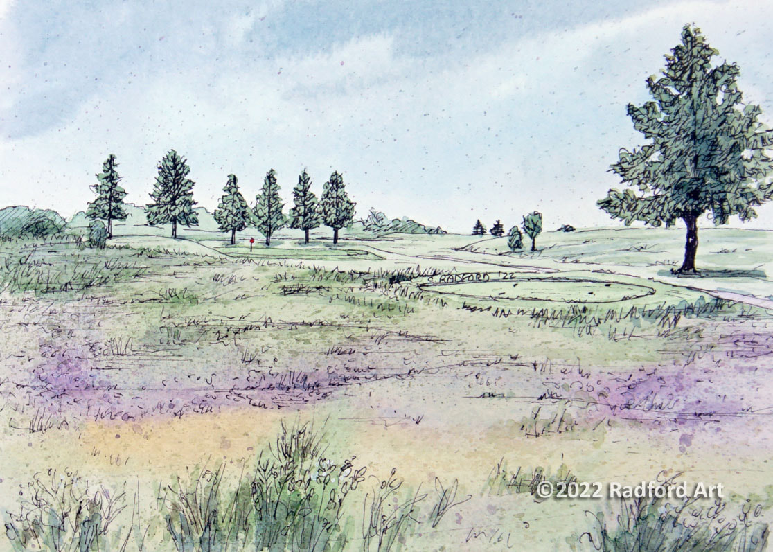 Ink and watercolour Illustration of hole no 4 at Westminster Trails Golf Club.