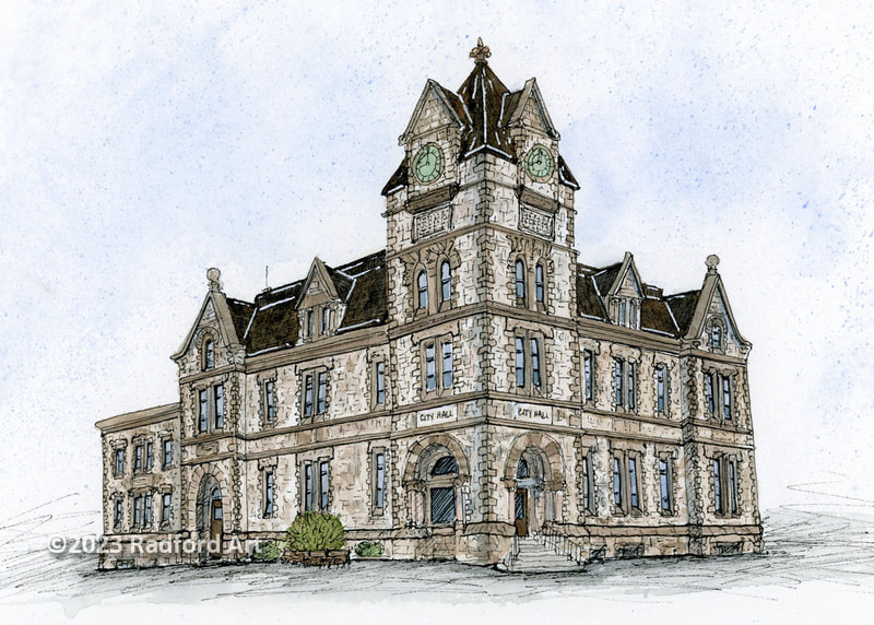 Illustration of Woodstock City Hall, created with ink and watercolour by London Ontario artist Cheryl Radford.