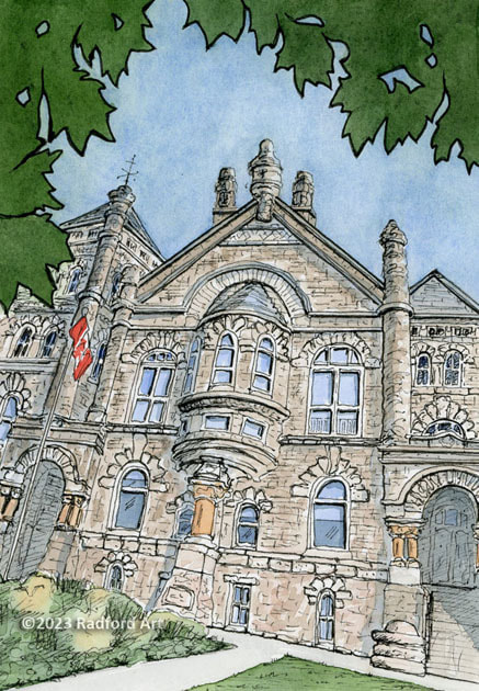 Illustration of Woodstock Court House, created with ink and watercolour by London Ontario artist Cheryl Radford.