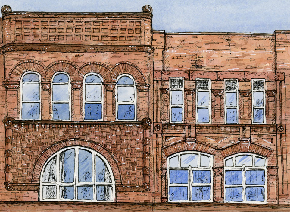 Illustration of a red brick brick facade in Woodstock ON, created with ink and watercolour by London Ontario artist Cheryl Radford.