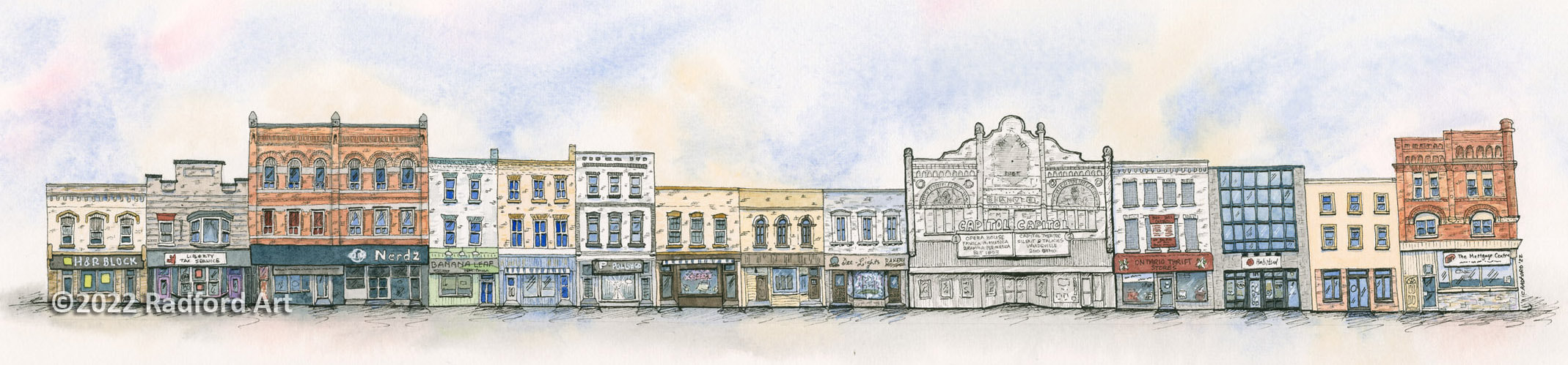 An illustration of Dundas Street in Woodstock Ontario with Capitol Theatre.
