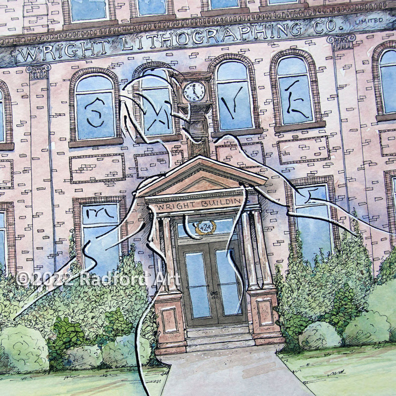 Ink and watercolour illustration of heritage building in downtown London ON with female image