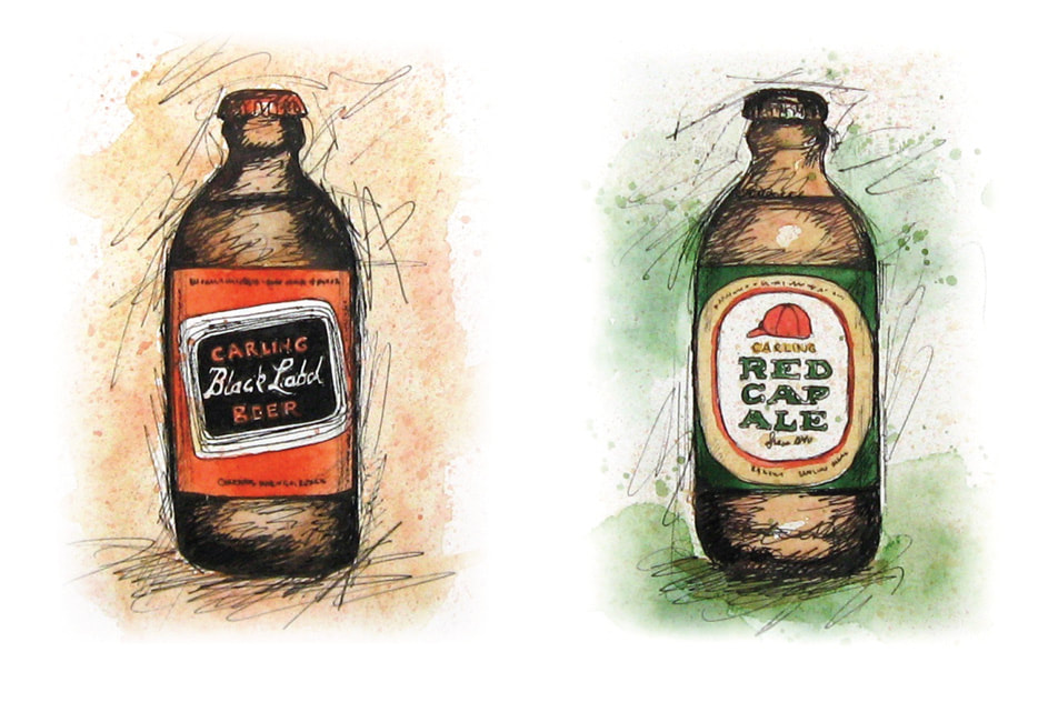 Postcard featuring the Iconic Stubby Beer Bottle, (Carling O'Keefe Black Label and Red Cap Ale)